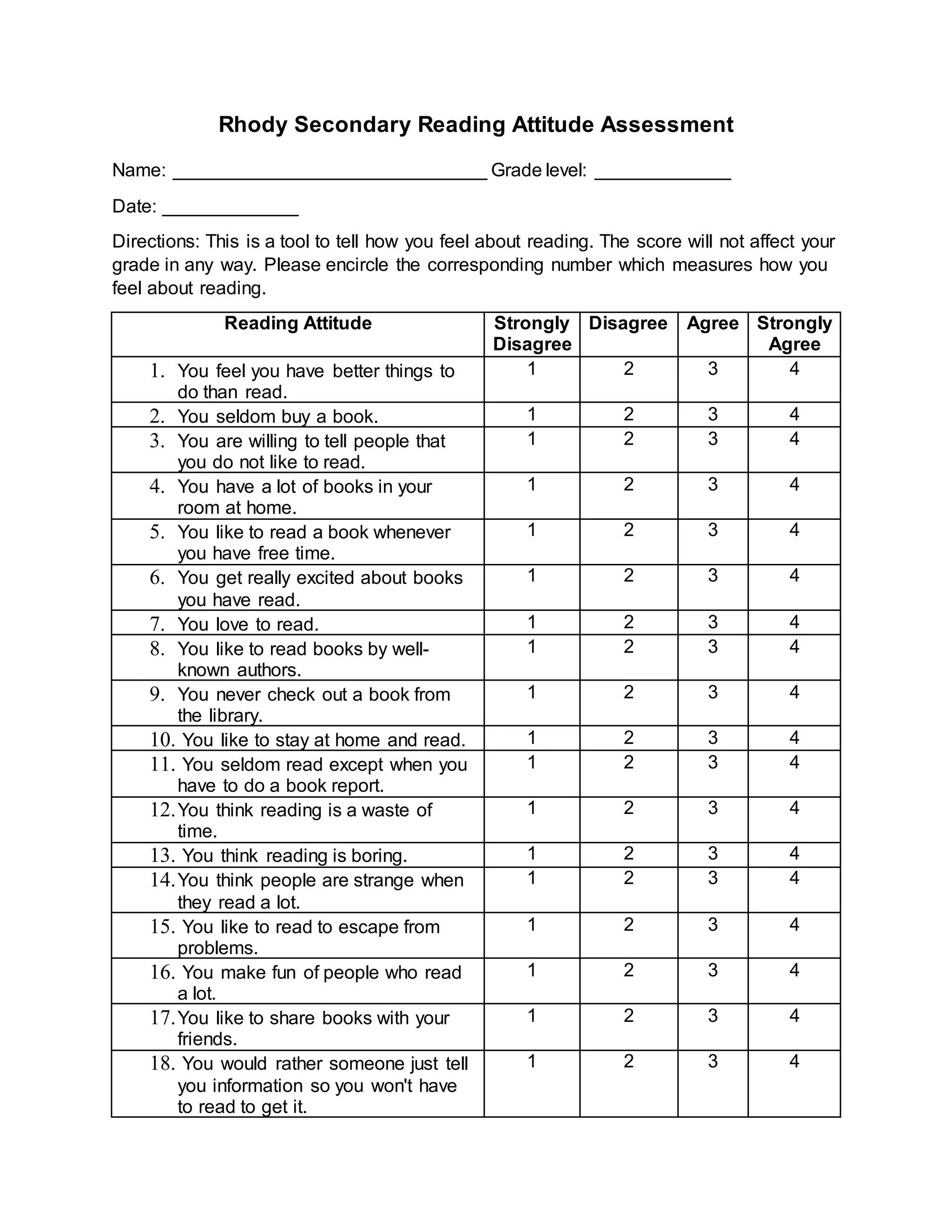 Rhody secondary reading attitude assessment PDF