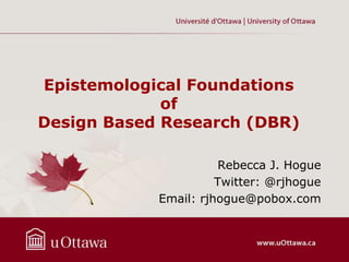 Epistemological Foundations
of
Design Based Research (DBR)
Rebecca J. Hogue
Twitter: @rjhogue
Email: rjhogue@pobox.com
 
