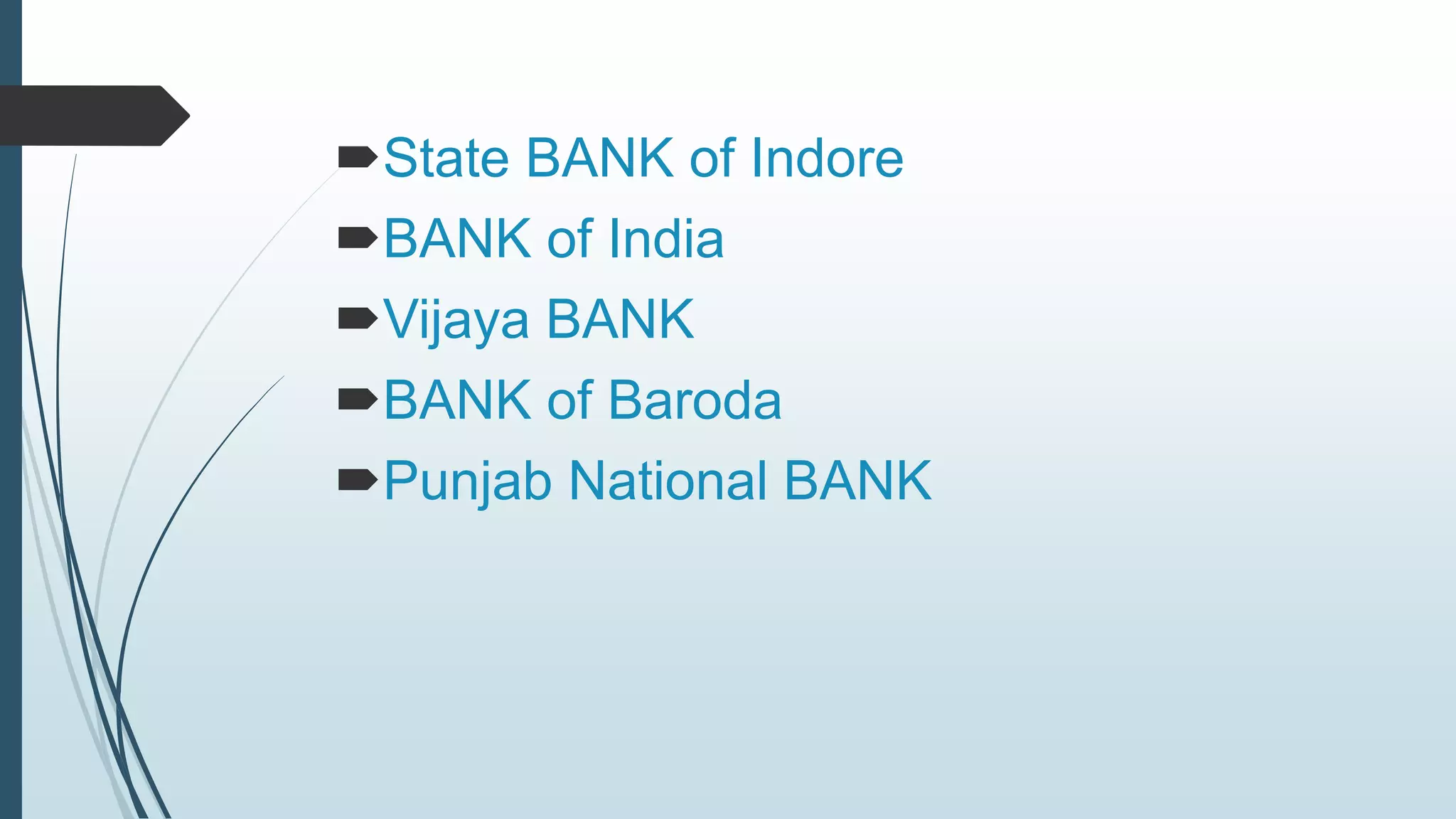 State BANK of Indore 
BANK of India 
Vijaya BANK 
BANK of Baroda 
Punjab National BANK 
 