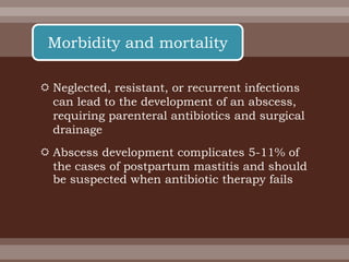  Neglected, resistant, or recurrent infections
can lead to the development of an abscess,
requiring parenteral antibiotics and surgical
drainage
 Abscess development complicates 5-11% of
the cases of postpartum mastitis and should
be suspected when antibiotic therapy fails
Morbidity and mortality
 