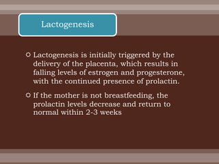  Lactogenesis is initially triggered by the
delivery of the placenta, which results in
falling levels of estrogen and progesterone,
with the continued presence of prolactin.
 If the mother is not breastfeeding, the
prolactin levels decrease and return to
normal within 2-3 weeks
Lactogenesis
 