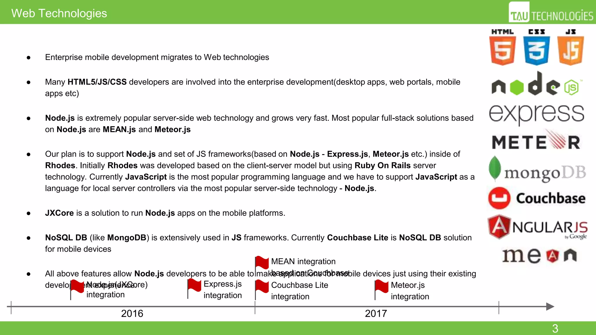 3
Web Technologies
● Enterprise mobile development migrates to Web technologies
● Many HTML5/JS/CSS developers are involved into the enterprise development(desktop apps, web portals, mobile
apps etc)
● Node.js is extremely popular server-side web technology and grows very fast. Most popular full-stack solutions based
on Node.js are MEAN.js and Meteor.js
● Our plan is to support Node.js and set of JS frameworks(based on Node.js - Express.js, Meteor.js etc.) inside of
Rhodes. Initially Rhodes was developed based on the client-server model but using Ruby On Rails server
technology. Currently JavaScript is the most popular programming language and we have to support JavaScript as a
language for local server controllers via the most popular server-side technology - Node.js.
● JXCore is a solution to run Node.js apps on the mobile platforms.
● NoSQL DB (like MongoDB) is extensively used in JS frameworks. Currently Couchbase Lite is NoSQL DB solution
for mobile devices
● All above features allow Node.js developers to be able to make applications for mobile devices just using their
existing development experience.
2016 2017
Node.js(JXCore)
integration
Couchbase Lite
integration
Express.js
integration
MEAN integration
based on Couchbase
Meteor.js
integration
 