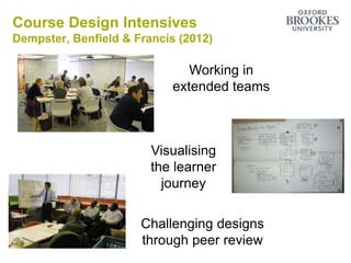 Course Design Intensives
Dempster, Benfield & Francis (2012)
Working in
extended teams
Visualising
the learner
journey
Challenging designs
through peer review
 