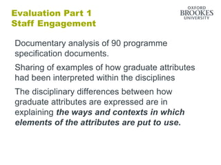 Documentary analysis of 90 programme
specification documents.
Sharing of examples of how graduate attributes
had been interpreted within the disciplines
The disciplinary differences between how
graduate attributes are expressed are in
explaining the ways and contexts in which
elements of the attributes are put to use.
Evaluation Part 1
Staff Engagement
Evaluation Part 1
Staff Engagement
 