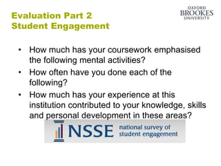 Evaluation Part 2
Student Engagement
• How much has your coursework emphasised
the following mental activities?
• How often have you done each of the
following?
• How much has your experience at this
institution contributed to your knowledge, skills
and personal development in these areas?
 