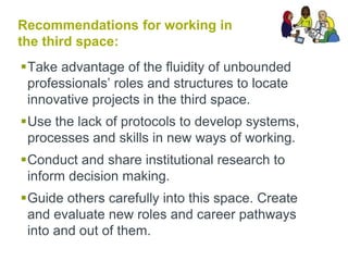 Recommendations for working in
the third space:
Take advantage of the fluidity of unbounded
professionals’ roles and structures to locate
innovative projects in the third space.
Use the lack of protocols to develop systems,
processes and skills in new ways of working.
Conduct and share institutional research to
inform decision making.
Guide others carefully into this space. Create
and evaluate new roles and career pathways
into and out of them.
 