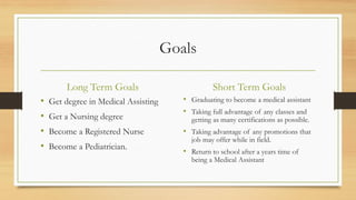 Goals
Long Term Goals
• Get degree in Medical Assisting
• Get a Nursing degree
• Become a Registered Nurse
• Become a Pediatrician.
Short Term Goals
• Graduating to become a medical assistant
• Taking full advantage of any classes and
getting as many certifications as possible.
• Taking advantage of any promotions that
job may offer while in field.
• Return to school after a years time of
being a Medical Assistant
 