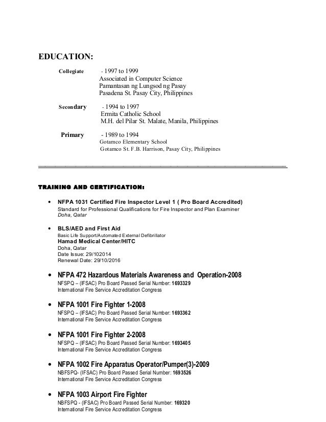 fire inspector resume