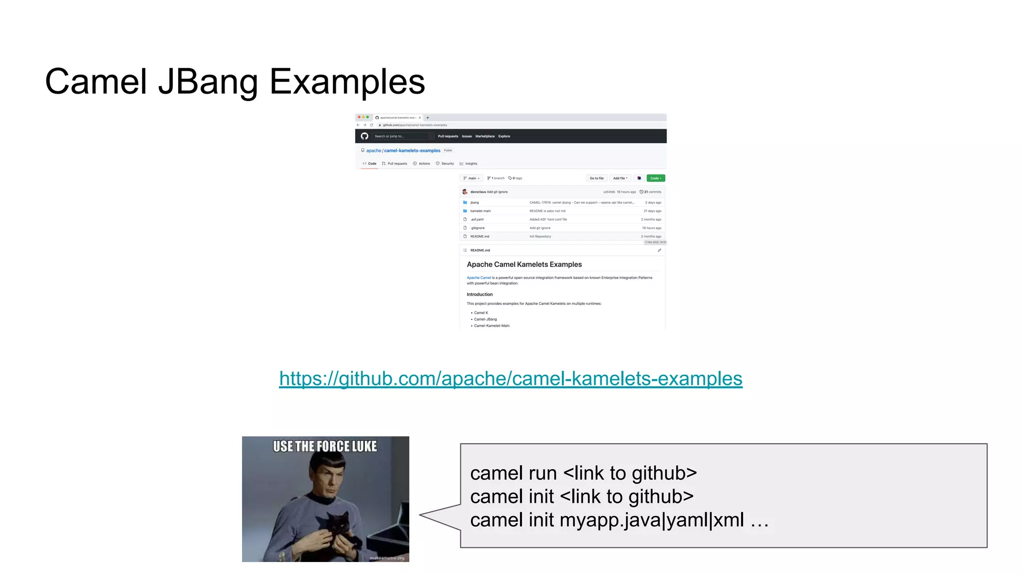 Camel JBang Examples
https://github.com/apache/camel-kamelets-examples
camel run <link to github>
camel init <link to github>
camel init myapp.java|yaml|xml …
 