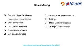 Camel JBang
https://camel.apache.org/manual/camel-jbang.html
❏ Standard Apache Maven
dependency downloader
❏ Shell completion
❏ List Camel Versions
❏ Show Health Check
❏ List Dependencies
❏ Export to Gradle build tool
❏ Tail logs
❏ Trace Camel messages
❏ Change Camel version
 