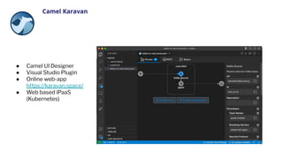 ● Camel UI Designer
● Visual Studio Plugin
● Online web-app
https://karavan.space/
● Web based iPaaS
(Kubernetes)
 