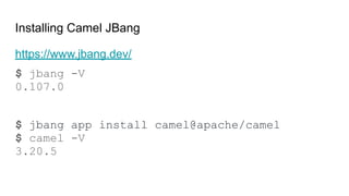 Installing Camel JBang
https://www.jbang.dev/
$ jbang -V
0.107.0
$ jbang app install camel@apache/camel
$ camel -V
3.20.5
 