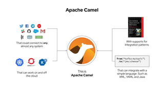 Apache Camel
?
That could connect to any
almost any system
With supports for
Integration patterns
That can work on and off
the cloud
That can integrate with a
simple language. Such as
XML, YAML and Java
from(“kafka:mytopic”)
.to(“jms:cheese”)
This is
Apache Camel
 