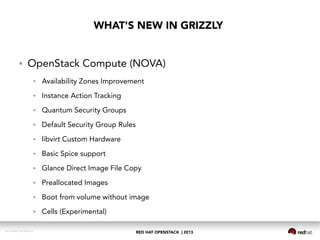 RED HAT OPENSTACK | 2013DOC144908-20130524r3
WHAT'S NEW IN GRIZZLY
● OpenStack Compute (NOVA)
● Availability Zones Improvement
● Instance Action Tracking
● Quantum Security Groups
● Default Security Group Rules
● libvirt Custom Hardware
● Basic Spice support
● Glance Direct Image File Copy
● Preallocated Images
● Boot from volume without image
● Cells (Experimental)
 