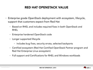RED HAT OPENSTACK | 2013DOC144908-20130524r3
RED HAT OPENSTACK VALUE
● Enterprise grade OpenStack deployment with ecosystem, lifecycle,
support that customers expect from Red Hat
● Based on RHEL and includes required fixes in both OpenStack and
RHEL
● Enterprise hardened OpenStack code
● Longer supported lifecycle
● includes bug fixes, security errata, selected backports
● Certified ecosystem (Red Hat Certified OpenStack Partner program and
Red Hat Enterprise Linux ecosystem)
● Full support and Certifications for RHEL and Windows workloads
 