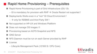 Rapid Home Provisioning – Prerequisites
Oracle Rapid Home Provisioning 12.215 22.09.2017
Rapid Home Provisioning is part of Grid Infrastructure (GI) 12c
– GI is mandatory for provision with RHP  Oracle Restart not supported !
Deployments Works even in a "non" GI Cloud Environment !
–  only for RDBMS and third Party SW !
Not supported on HP-UX and Windows Plattform
Does not manage OS Images 
Provisioning based on ACFS Snapshot and NFS
GNS Server
NFS Daemon must be run on each Server provided by RHP
License
– Lifecycle Management Pack (12’000 $ / CPU Core)
 