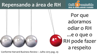 Repensando a área de RH
Conforme Harvard Business Review – Julho 2015 pag. 29
Por que
adoramos
odiar o RH
...e o que o
RH pode fazer
a respeito
 