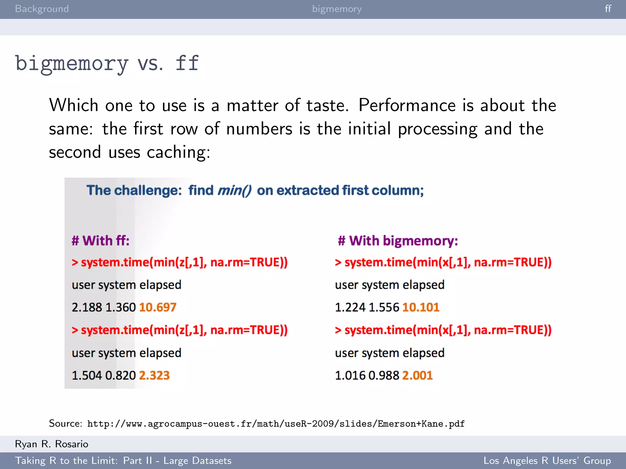 Background                                             bigmemory                                               ﬀ




bigmemory vs. ff
       Which one to use is a matter of taste. Performance is about the
       same: the ﬁrst row of numbers is the initial processing and the
       second uses caching:




       Source: http://www.agrocampus-ouest.fr/math/useR-2009/slides/Emerson+Kane.pdf
Ryan R. Rosario
Taking R to the Limit: Part II - Large Datasets                                        Los Angeles R Users’ Group
 