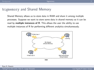 Background                                                     bigmemory                                                ﬀ




bigmemory and Shared Memory
       Shared Memory allows us to store data in RAM and share it among multiple
       processes. Suppose we want to store some data in shared memory so it can be
       read by multiple instances of R. This allows the user the ability to use
       multiple instances of R for performing diﬀerent analytics simultaneously.


                                           R Web User 1


                                                                                      Caching


                                                             My Dataset
                                                          (Shared Memory)




                                   R Web User 2                             Web Administrator
                                                                             Doing Analysis

                                                            RAM




Ryan R. Rosario
Taking R to the Limit: Part II - Large Datasets                                                 Los Angeles R Users’ Group
 