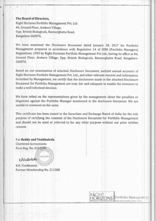 The Boardof Directors,
RightHorizonsPortfolioManagementPvt.Ltd
#6,GroundFloor,ArekereVillage,
Opp.BritishBiologicals,BannerghattaRoad,
Bangalore-560076.
we have examinedthe DisclosureDocumentdated Januaryt8, 2017 for portfolio
Managementpreparedin accordancewith Regulation14 of SEBIfportfolio Managers)
Regulations,1993by RightHorizonsPortfolioManagementpvt Ltd.,havingits officeat #6,
GroundFloor,ArekereVillage,Opp.British Biologicals,BannerghattaRoad,Bangalore-
560076-
Basedon our examinationof attachedDisclosureDocument,auditedannualaccountsof
RightHorizonsPortfolioManagementPvt.Ltd.,andotherrelevantrecordsandinformatron
furnishedby Management,we certifythatthe disclosuresmadein the attachedDisclosure
Documentfor PortfolioManagementaretrue,fair andadequateto enablethe investorsto
makeawellinformeddecision.
We havereliedon the representationsgivenby the managementaboutthe penaltiesor
litigationsagainstthe PortfolioManagermentionedin the disclosuredocument.We are
unableto commentonthesame.
Thiscertificatehasbeenissuedto the SecuritiesandExchangeBoardof Indiafor the sole
purposeof certifl;ingthe contentsof the DisclosureDocumentfor PortfolioManagement
and shouldnot be usedor referredto for any other purposewithout our prior written
consent.
ForReddvand Venkkatesh.
CharteredAccountants
FirmReg.No.01
K.R.Venkkatesh
PartnerMembershipNo.211388
 