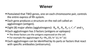 Wiener
 Postulated that TWO genes, one on each chromosome pair, controls
the entire express of Rh system.
 Each gene produces a structure on the red cell called an
agglutinogen (antigen).
 Eight (8) major alleles (agglutinogens): R0, R1, R2, Rz, r, r’, r” and ry.
 Each agglutinogen has 3 factors (antigens or epitopes)
 The three factors are the antigens expressed on the cell.
 For example the agglutinogen R0= Rh0 (D), hr’ (c), hr” (e)
 Each agglutinogen can be identified by its parts or factors that react
with specific antibodies (antiserums).
 