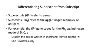 Differentiating Superscript from Subscript
• Superscripts (Rh1) refer to genes
• Subscripts (Rh1) refer to the agglutinogen (complex of
antigens)
• For example, the Rh1 gene codes for the Rh1 agglutinogen
made of D, C, e
– Usually, this can be written in shorthand, leaving out the “h”
– DCe is written as R1
 