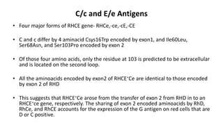 C/c and E/e Antigens
• Four major forms of RHCE gene- RHCe,-ce,-cE,-CE
• C and c differ by 4 aminacid Csys16Trp encoded by exon1, and Ile60Leu,
Ser68Asn, and Ser103Pro encoded by exon 2
• Of those four amino acids, only the residue at 103 is predicted to be extracellular
and is located on the second loop.
• All the aminoacids encoded by exon2 of RHCE∗Ce are identical to those encoded
by exon 2 of RHD
• This suggests that RHCE∗Ce arose from the transfer of exon 2 from RHD in to an
RHCE∗ce gene, respectively. The sharing of exon 2 encoded aminoacids by RhD,
RhCe, and RhCE accounts for the expression of the G antigen on red cells that are
D or C positive.
 