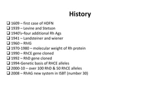 History
 1609 – first case of HDFN
 1939 – Levine and Stetson
 1940’s–four additional Rh Ags
 1941 – Landsteiner and wiener
 1960 – RhIG
 1970-1980 – molecular weight of Rh protein
 1990 – RhCE gene cloned
 1992 – RhD gene cloned
 1994-Genetic basis of RHCE alleles
 2000-10 – over 100 RhD & 50 RhCE alleles
 2008 – RhAG new system in ISBT (number 30)
 