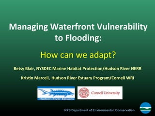 Managing	
  Waterfront	
  Vulnerability	
  
             to	
  Flooding:	
  	
  
                    How	
  can	
  we	
  adapt?	
  
 Betsy	
  Blair,	
  NYSDEC	
  Marine	
  Habitat	
  Protec9on/Hudson	
  River	
  NERR	
  	
  	
  

      Kris9n	
  Marcell,	
  Hudson	
  River	
  Estuary	
  Program/Cornell	
  WRI	
  




                                     NYS Department of Environmental Conservation
 