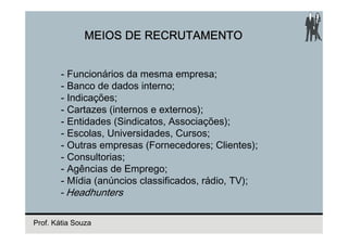 MEIOS DE RECRUTAMENTO


        - Funcionários da mesma empresa;
        - Banco de dados interno;
        - Indicações;
        - Cartazes (internos e externos);
        - Entidades (Sindicatos, Associações);
        - Escolas, Universidades, Cursos;
        - Outras empresas (Fornecedores; Clientes);
        - Consultorias;
        - Agências de Emprego;
        - Mídia (anúncios classificados, rádio, TV);
       - Headhunters

Prof. Kátia Souza
 