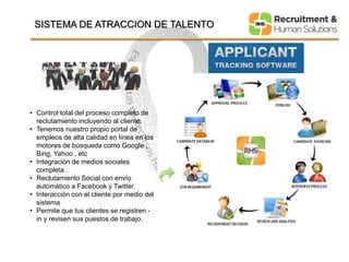 SISTEMA DE ATRACCION DE TALENTO 
• Control total del proceso completo de 
reclutamiento incluyendo al cliente. 
• Tenemos nuestro propio portal de 
empleos de alta calidad en línea en los 
motores de búsqueda como Google , 
Bing, Yahoo , etc 
• Integración de medios sociales 
completa . 
• Reclutamiento Social con envío 
automático a Facebook y Twitter. 
• Interacción con el cliente por medio del 
sistema 
• Permite que tus clientes se registren - 
in y revisen sus puestos de trabajo. 
 
