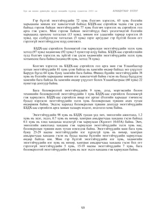 Хүн ам нөхөн үржихүйн эрүүл мэндийн түүвэр судалгаа 2003 он АРАВДУГААР БҮЛЭГ 
Ãýð á¿ëòýé ýìýãòýé÷¿¿äèéí 72 õóâü áýëãýâ÷ õýðýãëýõ, 65 õóâü áýëãèéí 
õàðüöààíû çºâõºí íýã õàâüòàã÷òàé áàéõàä ÁÇÄÕ-ààñ ñýðãèéëæ ÷àäíà ãýæ ¿çñýí 
áàéõàä ãýðëýæ áàéñàí ýìýãòýé÷¿¿äèéí 77 õóâü áýëãýâ÷ õýðýãëýõ íü ñýðãèéëýõ ãîë 
àðãà ãýæ ¿çæýý. Ìºí ãýðëýæ áàéñàí ýìýãòýé÷¿¿ä áèåý ¿íýëýã÷èäòýé áýëãèéí 
õàðüöààíä îðîõîîñ òàòãàëçàõ (13 õóâü), çºâõºí íýã óäààãèéí òàðèóð õýðýãëýõ (6 
õóâü), öóñ ñýëá¿¿ëýõýýñ òàòãàëçàõ (5 õóâü) çýðýã àðãóóäûã ãýð á¿ëòýé áîëîí îãò 
ãýðëýýã¿é ýìýãòýé÷¿¿äýýñ èë¿¿ ñîíãîæýý. 
ÁÇÄÕ-ààñ ñýðãèéëýõ áîëîìæòîé ãýæ õàðèóëñàí ýìýãòýé÷¿¿äèéí ýçëýõ õóâü 
õîòîä (97 õóâü) õºäººãººñ (92 õóâü) 5 ïóíêòýýð èë¿¿ áàéíà. ÁÇÄÕ-ààñ ñýðãèéëýõèéí 
òóëä áýëãýâ÷ õýðýãëýõ íü ç¿éòýé ãýæ ¿çñýí õºäººãèéí ýìýãòýé÷¿¿äèéí ýçëýõ õóâü 
õîòûíõîîñ áàãà áàéíà (õºäººä 66 õóâü, õîòîä 78 õóâü). 
Áýëãýâ÷ õýðýãëýõ íü ÁÇÄÕ-ààñ ñýðãèéëýõ ãîë àðãà ìºí ãýæ Óëààíáààòàð 
õîòûí ýìýãòýé÷¿¿äèéí 81 õóâü ¿çýæ áàéãàà íü õàìãèéí ºíäºð áàéõàä ýíý ¿ç¿¿ëýëò 
Áàðóóí á¿ñýä 64 õóâü áóþó õàìãèéí áàãà áàéíà. ªìíºä á¿ñèéí ýìýãòýé÷¿¿äèéí 38 
õóâü íü áýëãèéí õàðüöààíû çºâõºí íýã õàâüòàã÷òàé áàéíà ãýñýí íü áóñàä á¿ñ¿¿äýýñ 
õàìãèéí áàãà áàéãàà áà õàìãèéí ºíäºð ¿ç¿¿ëýëò áîëîõ Óëààíáààòðààñ (60 õóâü) 22 
ïóíêòýýð äîîãóóð áàéíà. 
Áàãà áîëîâñðîëòîé ýìýãòýé÷¿¿äèéí 9 õóâü, äýýä, ìýðãýæëèéí áîëîí 
òåõíèêèéí áîëîâñðîëòîé ýìýãòýé÷¿¿äèéí 1 õóâü ÁÇÄÕ-ààñ ñýðãèéëýõ áîëîìæã¿é 
ãýæ õàðèóëæýý. ÁÇÄÕ-ààñ ñýðãèéëýõ ÿìàð íýã àðãûã (áýëãèéí õàðüöààã òýâ÷èõýýñ 
áóñàä) íýðëýñýí ýìýãòýé÷¿¿äèéí ýçëýõ õóâü áîëîâñðîëûí ò¿âøèí àõèõ òóòàì 
ºíäºðæèæ áàéíà. Ýíäýýñ õàðàõàä áîëîâñðîëûí ò¿âøèí äîîãóóð ýìýãòýé÷¿¿äèéí 
ÁÇÄÕ-ààñ ñýðãèéëýõ àðãà çàìûí òàëààðõ ìýäëýã, ìýäýýëýë õîìñ áàéíà. 
Ýìýãòýé÷¿¿äèéí 98 õóâü íü ÁÇÄÕ òóññàí ¿åä ýì÷, ýìíýëãèéí àæèëòàíä, 1.2 
õóâü íü ýöýã, ýõäýý, 0.7 õóâü íü íºõºð, õàìòðàí àìüäðàã÷äàà õàíäàíà ãýñýí áàéõàä 
0.1 õóâü íü õýíä õàíäàõàà ìýäýõã¿é ãýæ õàðèóëñàí (Õ¿ñíýãò 10.03À) áàéíà. Ýì÷, 
ýìíýëãèéí àæèëòàíä õàíäàíà ãýæ õàðèóëñàí ýìýãòýé÷¿¿äèéí ýçëýõ õóâü íàñ, 
áîëîâñðîëûí ò¿âøèí ºñºõ òóòàì íýìýãäýæ áàéíà. Ýìýãòýé÷¿¿äèéí ìàø áàãà õóâü 
áóþó 25-29 íàñíû ýìýãòýé÷¿¿äèéí íýã õ¿ðýõã¿é õóâü íü íºõºð, õàìòðàí 
àìüäðàã÷äàà õàíäàíà ãýñýí íü áóñàä íàñíû á¿ëãèéí ýìýãòýé÷¿¿äèéí õàðèóëòààñ 
ºíäºð áàéãàà þì. Ìºí ãýð á¿ëòýé ýìýãòýé÷¿¿äèéí íýã õóâü, õºäººãèéí 
ýìýãòýé÷¿¿äèéí íýã õóâü íü íºõºð, õàìòðàí àìüäðàã÷äàà õàíäàíà ãýñýí áîë îãò 
ãýðëýýã¿é ýìýãòýé÷¿¿äèéí 5 õóâü, 15-19 íàñíû ýìýãòýé÷¿¿äèéí 7 õóâü, áàãà 
áîëîâñðîëòîé ýìýãòýé÷¿¿äèéí 4 õóâü íü ýöýã ýõäýý õàíäàíà ãýæ õàðèóëñàí áàéíà. 
123 
 