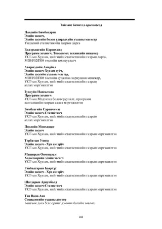 Òàéëàíã áè÷èõýä îðîëöîãñîä 
Ïàíäèéí Áÿìáàöýðýí 
Ýäèéí çàñàã÷, 
Ýäèéí çàñãèéí áîëîí óäèðäàõóéí óõààíû ìàãèñòð 
¯íäýñíèé ñòàòèñòèêèéí ãàçðûí äàðãà 
Áèäýðúÿàãèéí Öýðýíõàíä 
Ïðîãðàìì çîõèîã÷, Òîîöîîëîõ òåõíèêèéí èíæåíåð 
¯ÑÃ-ûí Õ¿í àì, íèéãìèéí ñòàòèñòèêèéí ãàçðûí äàðãà, 
ÌÎÍ/02/Ï08 òºñëèéí çîõèöóóëàã÷ 
Àâèðìýäèéí Àìàðáàë 
Ýäèéí çàñàã÷-Õ¿í àì ç¿é÷, 
Ýäèéí çàñãèéí óõààíû ìàñòåð, 
ÌÎÍ/02/Ï08 òºñëèéí ñóäàëãàà õàðèóöñàí ìåíåæåð, 
¯ÑÃ-ûí Õ¿í àì, íèéãìèéí ñòàòèñòèêèéí ãàçðûí 
àõëàõ ìýðãýæèëòýí 
Çóíäóéí Íàíñàëìàà 
Ïðîãðàìì çîõèîã÷ 
¯ÑÃ-ûí Ìýäýýëýë áîëîâñðóóëàëò, ïðîãðàìì 
õàíãàìæèéí ãàçðûí àõëàõ ìýðãýæèëòýí 
Áÿìáààãèéí Ñàðàí÷èìýã 
Ýäèéí çàñàã÷-Ñòàòèñòèê÷ 
¯ÑÃ-ûí Õ¿í àì, íèéãìèéí ñòàòèñòèêèéí ãàçðûí 
àõëàõ ìýðãýæèëòýí 
Ïîîëîéí Ìºíõöýöýã 
Ýäèéí çàñàã÷ 
¯ÑÃ-ûí Õ¿í àì, íèéãìèéí ñòàòèñòèêèéí ãàçðûí ìýðãýæèëòýí 
Òºðáàòûí Óÿíãà 
Ýäèéí çàñàã÷ - Õ¿í àì ç¿é÷ 
¯ÑÃ-ûí Õ¿í àì, íèéãìèéí ñòàòèñòèêèéí ãàçðûí ìýðãýæèëòýí 
Ìàøèðûí Îþóíöýöýã 
Õºäºëìºðèéí ýäèéí çàñàã÷ 
¯ÑÃ-ûí Õ¿í àì, íèéãìèéí ñòàòèñòèêèéí ãàçðûí ìýðãýæèëòýí 
Ãàíáààòàðûí Áàÿðõ¿¿ 
Ýäèéí çàñàã÷ - Õ¿í àì ç¿é÷ 
¯ÑÃ-ûí Õ¿í àì, íèéãìèéí ñòàòèñòèêèéí ãàçðûí ìýðãýæèëòýí 
Øàãäàðûí Àðèóíáîëä 
Ýäèéí çàñàã÷-Ñòàòèñòèê÷ 
¯ÑÃ-ûí Õ¿í àì, íèéãìèéí ñòàòèñòèêèéí ãàçðûí ìýðãýæèëòýí 
Òàí Âîîí-Àíí 
Ñîöèàëîãèéí óõààíû äîêòîð 
Áàíãêîê äàõü Óëñ îðíûã äýìæèõ áàãèéí çºâëºõ 
xvii 
 
