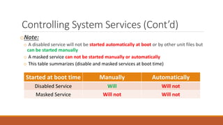 Controlling System Services (Cont’d)
oNote:
o A disabled service will not be started automatically at boot or by other unit files but
can be started manually
o A masked service can not be started manually or automatically
o This table summarizes (disable and masked services at boot time)
Started at boot time Manually Automatically
Disabled Service Will Will not
Masked Service Will not Will not
 
