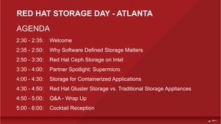 RED HAT STORAGE DAY - ATLANTA
AGENDA
2:30 - 2:35: Welcome
2:35 - 2:50: Why Software Defined Storage Matters
2:50 - 3:30: Red Hat Ceph Storage on Intel
3:30 - 4:00: Partner Spotlight: Supermicro
4:00 - 4:30: Storage for Containerized Applications
4:30 - 4:50: Red Hat Gluster Storage vs. Traditional Storage Appliances
4:50 - 5:00: Q&A - Wrap Up
5:00 - 6:00: Cocktail Reception
 