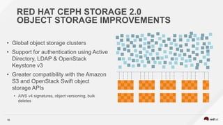 18
RED HAT CEPH STORAGE 2.0
OBJECT STORAGE IMPROVEMENTS
• Global object storage clusters
• Support for authentication using Active
Directory, LDAP & OpenStack
Keystone v3
• Greater compatibility with the Amazon
S3 and OpenStack Swift object
storage APIs
• AWS v4 signatures, object versioning, bulk
deletes
 