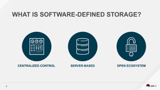 6
WHAT IS SOFTWARE-DEFINED STORAGE?
SERVER-BASEDCENTRALIZED CONTROL OPEN ECOSYSTEM
 