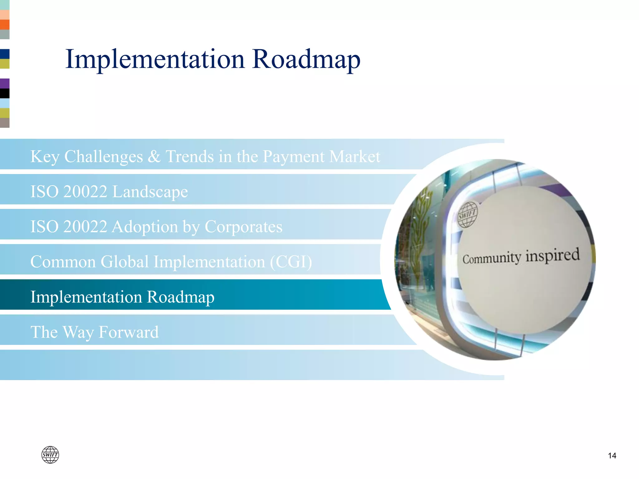 The Way Forward
Implementation Roadmap
Common Global Implementation (CGI)
14
Key Challenges & Trends in the Payment Market
ISO 20022 Landscape
ISO 20022 Adoption by Corporates
Implementation Roadmap
 