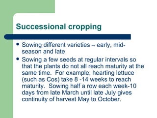 Successional cropping
 Sowing different varieties – early, mid-
season and late
 Sowing a few seeds at regular intervals so
that the plants do not all reach maturity at the
same time. For example, hearting lettuce
(such as Cos) take 8 -14 weeks to reach
maturity. Sowing half a row each week-10
days from late March until late July gives
continuity of harvest May to October.
 