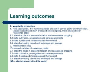 Learning outcomes 1.  Vegetable production 1.  Root vegetables.  For named varieties of each of carrots (early and main crop), potatoes (early and main crop) and onions (spring, main crop and over wintering), state: 1.1  state the place in seasonal rotation and sucessional cropping 1.2 state cultivation, propagation and care requirements 1.3 state 2 pests and 2 diseases and their control 1.4  state harvesting period and technique and storage 2.  Miscellaneous veg. For named varieties of sweetcorn, state: 2.1  state the place in seasonal rotation and sucessional cropping 2.2 state cultivation, propagation and care requirements 2.3 state 2 pests and 2 diseases and their control 2.4  state harvesting period and technique and storage [ NB – start exam revision this week] 