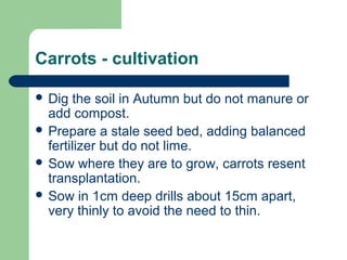 Carrots - cultivation
 Dig the soil in Autumn but do not manure or
add compost.
 Prepare a stale seed bed, adding balanced
fertilizer but do not lime.
 Sow where they are to grow, carrots resent
transplantation.
 Sow in 1cm deep drills about 15cm apart,
very thinly to avoid the need to thin.
 