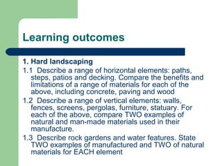 Learning outcomes

1. Hard landscaping
1.1 Describe a range of horizontal elements: paths,
   steps, patios and decking. C...