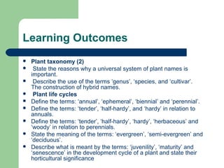 Learning Outcomes
 Plant taxonomy (2)
 State the reasons why a universal system of plant names is
important.
 Describe the use of the terms ‘genus’, ‘species, and ‘cultivar’.
The construction of hybrid names.
 Plant life cycles
 Define the terms: ‘annual’, ‘ephemeral’, ‘biennial’ and ‘perennial’.
 Define the terms: ‘tender’, ‘half-hardy’, and ‘hardy’ in relation to
annuals.
 Define the terms: ‘tender’, ‘half-hardy’, ‘hardy’, ‘herbaceous’ and
‘woody’ in relation to perennials.
 State the meaning of the terms: ‘evergreen’, ‘semi-evergreen’ and
‘deciduous’.
 Describe what is meant by the terms: ‘juvenility’, ‘maturity’ and
‘senescence’ in the development cycle of a plant and state their
horticultural significance
 