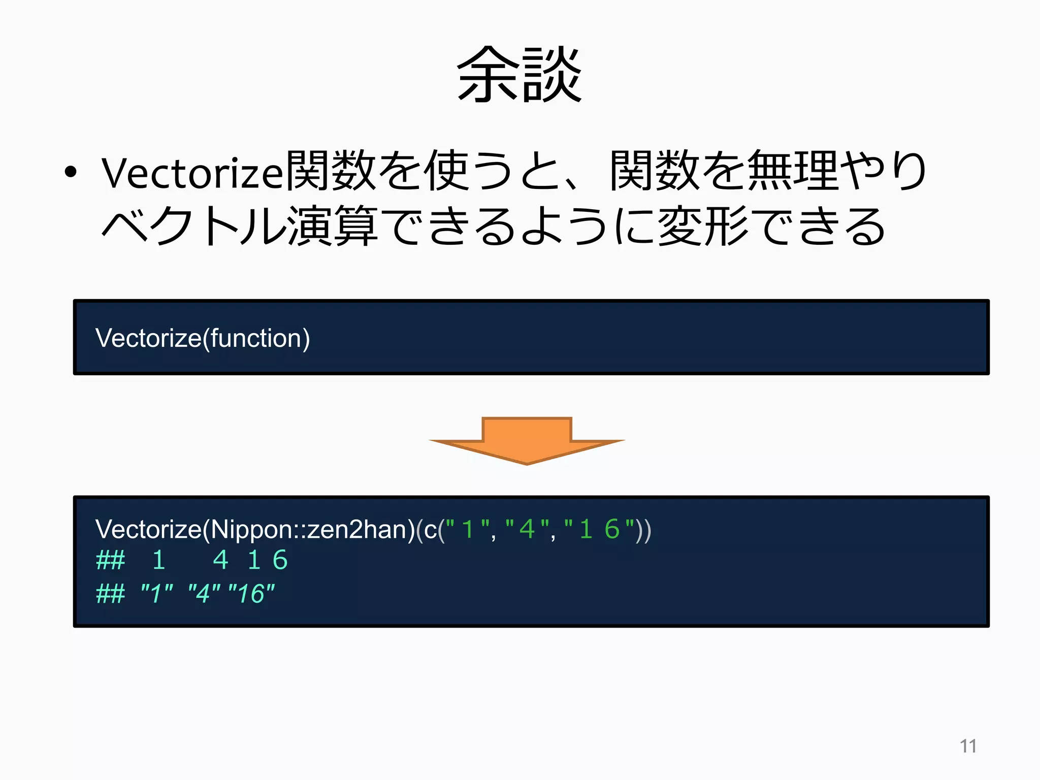 余談
• Vectorize関数を使うと、関数を無理やり
ベクトル演算できるように変形できる
11
Vectorize(function)
Vectorize(Nippon::zen2han)(c("１", "４", "１６"))
## １ ４ １６
## "1" "4" "16"
 