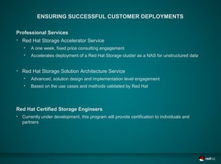 ENSURING SUCCESSFUL CUSTOMER DEPLOYMENTS

Professional Services

    Red Hat Storage Accelerator Service
    
        A one week, fixed price consulting engagement
    
        Accelerates deployment of a Red Hat Storage cluster as a NAS for unstructured data



    Red Hat Storage Solution Architecture Service
    
        Advanced, solution design and implementation level engagement
    
        Based on the use cases and methods validated by Red Hat




Red Hat Certified Storage Engineers

    Currently under development, this program will provide certification to individuals and
    partners
 