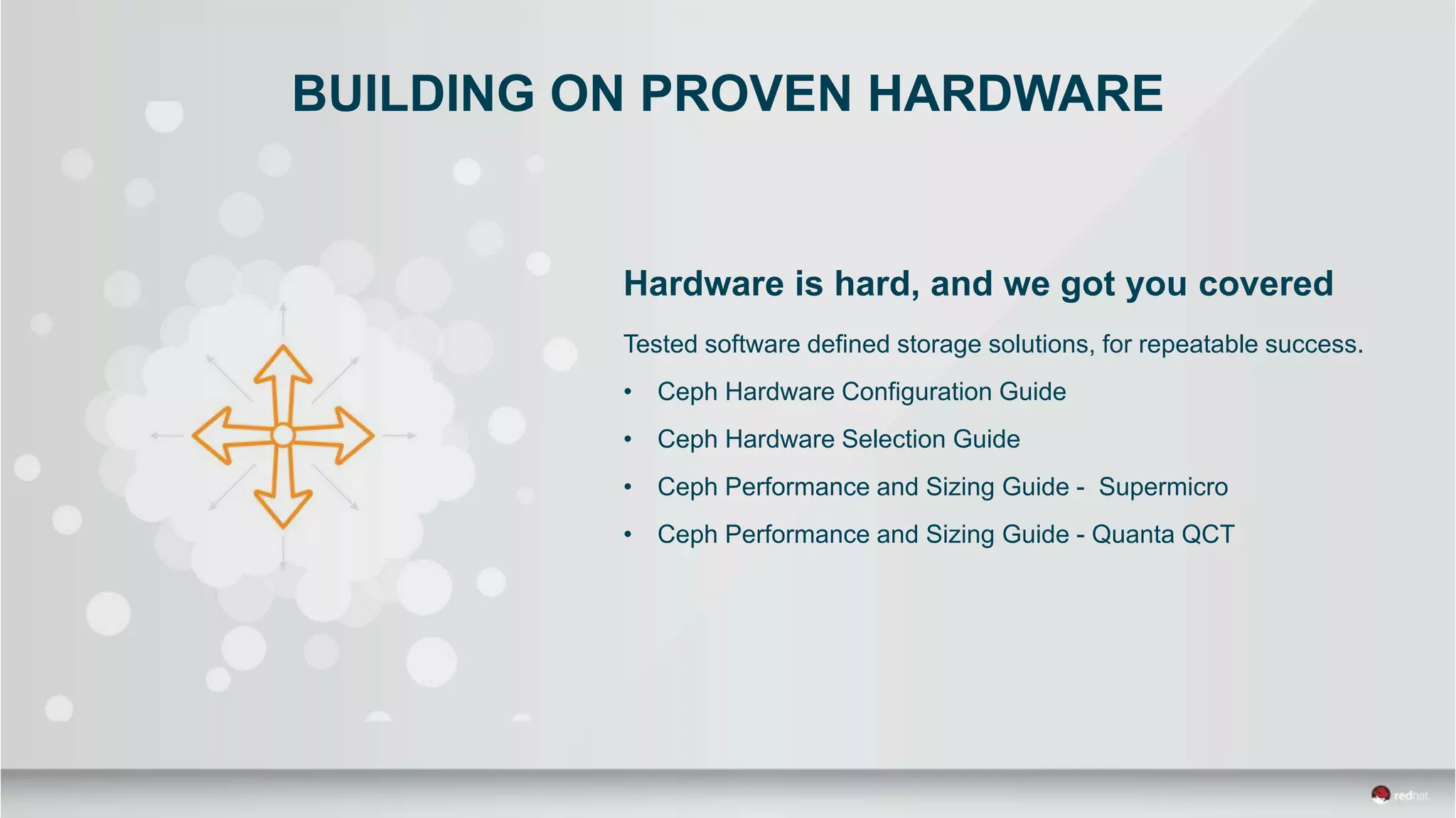 BUILDING ON PROVEN HARDWARE
Hardware is hard, and we got you covered
Tested software defined storage solutions, for repeatable success.
• Ceph Hardware Configuration Guide
• Ceph Hardware Selection Guide
• Ceph Performance and Sizing Guide - Supermicro
• Ceph Performance and Sizing Guide - Quanta QCT
 