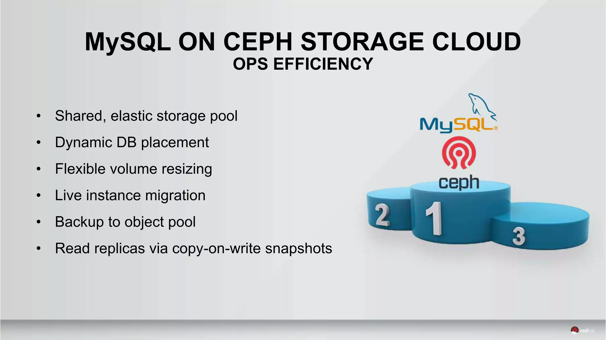 • Shared, elastic storage pool
• Dynamic DB placement
• Flexible volume resizing
• Live instance migration
• Backup to object pool
• Read replicas via copy-on-write snapshots
MySQL ON CEPH STORAGE CLOUD
OPS EFFICIENCY
 