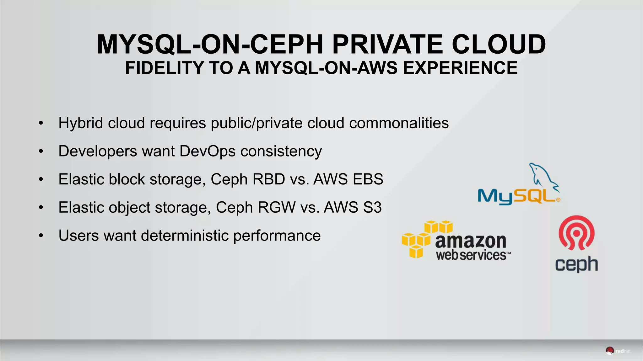MYSQL-ON-CEPH PRIVATE CLOUD
FIDELITY TO A MYSQL-ON-AWS EXPERIENCE
• Hybrid cloud requires public/private cloud commonalities
• Developers want DevOps consistency
• Elastic block storage, Ceph RBD vs. AWS EBS
• Elastic object storage, Ceph RGW vs. AWS S3
• Users want deterministic performance
 