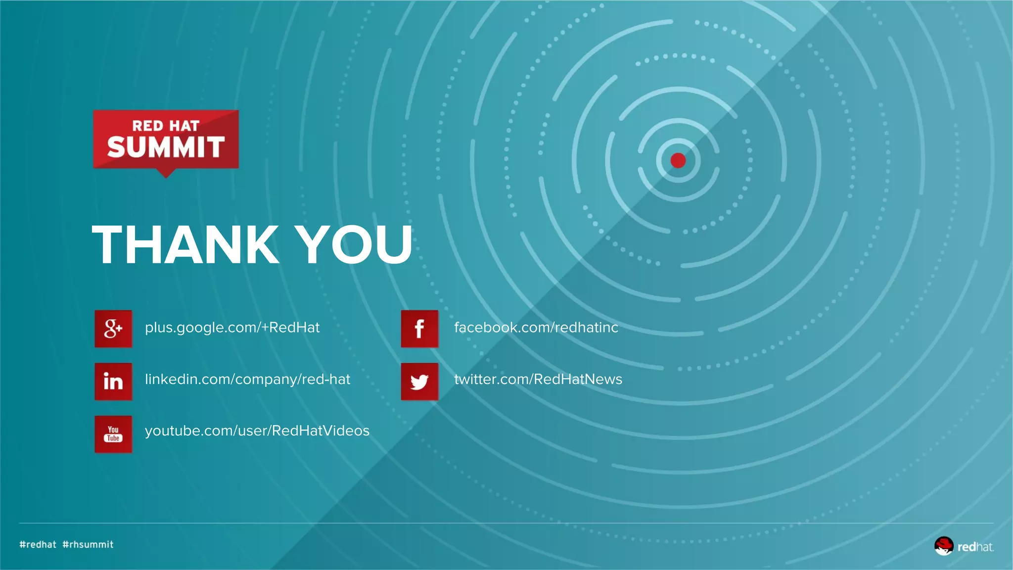 THANK YOU
plus.google.com/+RedHat
linkedin.com/company/red-hat
youtube.com/user/RedHatVideos
facebook.com/redhatinc
twitter.com/RedHatNews
 