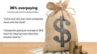 “Extra cost rolls over when companies
move onto the cloud”
“Companies paying an average of 36%
more for cloud services tha...
